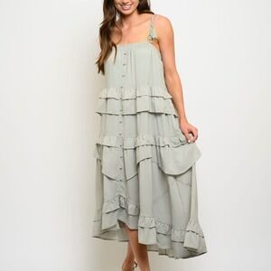 Storia Pale Green Ruffle Tiered Relaxed Fit Midi Sundress Size Large NWT